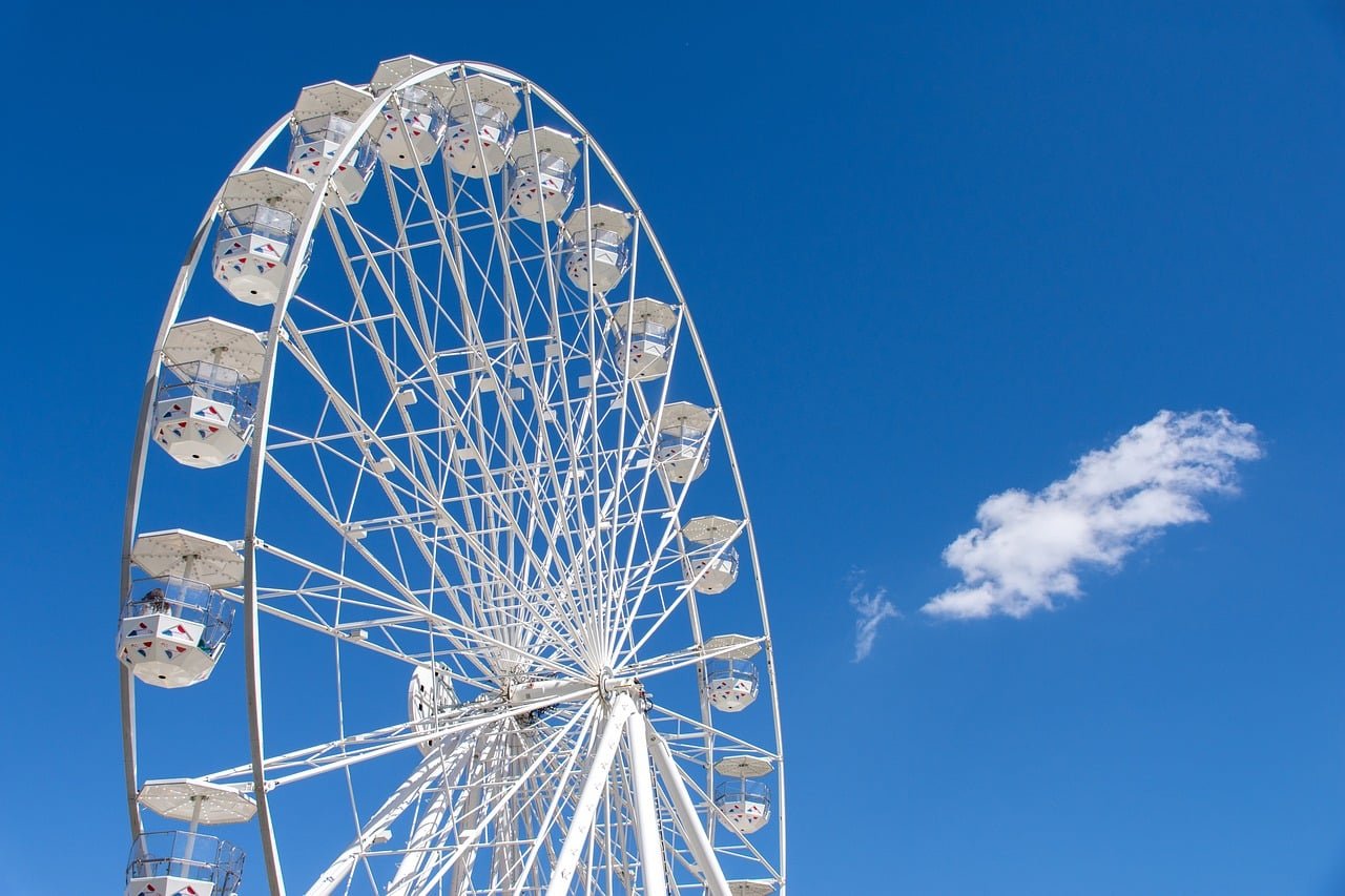 ferris wheel, blue sky, summer, carousel, fun, sky, nature, ride, amusement park, wheel, height, white, celebration, city view, clear day, outdoor activities, history, kitsch, jubilee, holiday, economy, travel, clarity